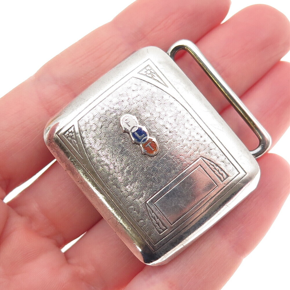 Hickok 925 Sterling Silver Antique Art Deco Enamel FLT Monogram Belt Buckle